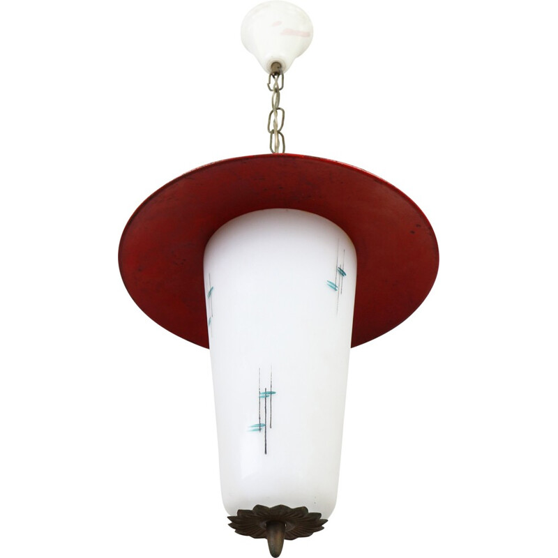 Hanging lamp made of red metal and milk glass - 1950s