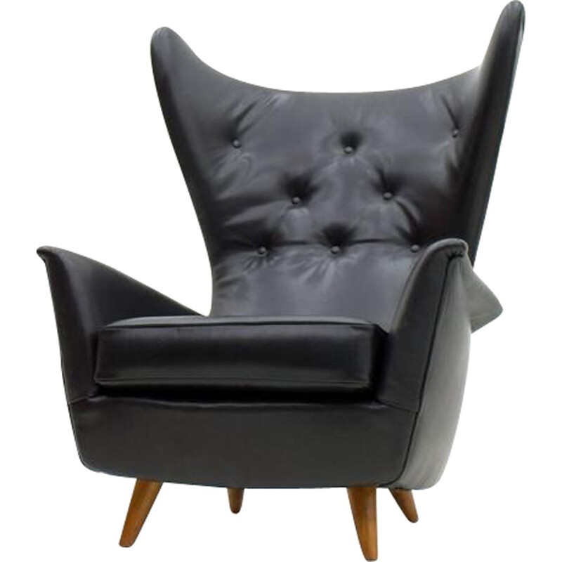 Ensemble de 4 fauteuils lounge en cuir noir - 1950
