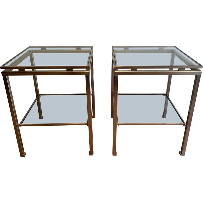 Pair of vintage side tables in brushed steel and transparent glass by Guy Lefèvre for Maison Jansen, 1970