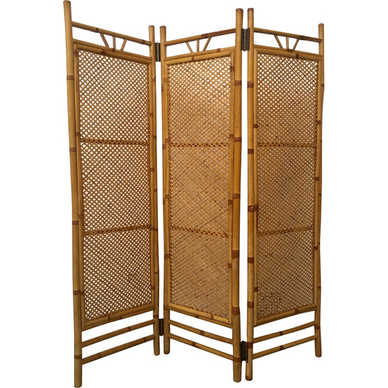 Rattan and bamboo folding screen Room Divider - 1950s