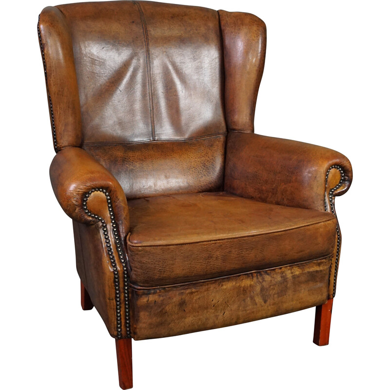 Vintage sheepskin leather wing chair