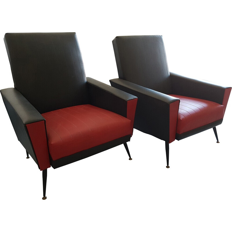 Pair of French black and red armchairs - 1950s