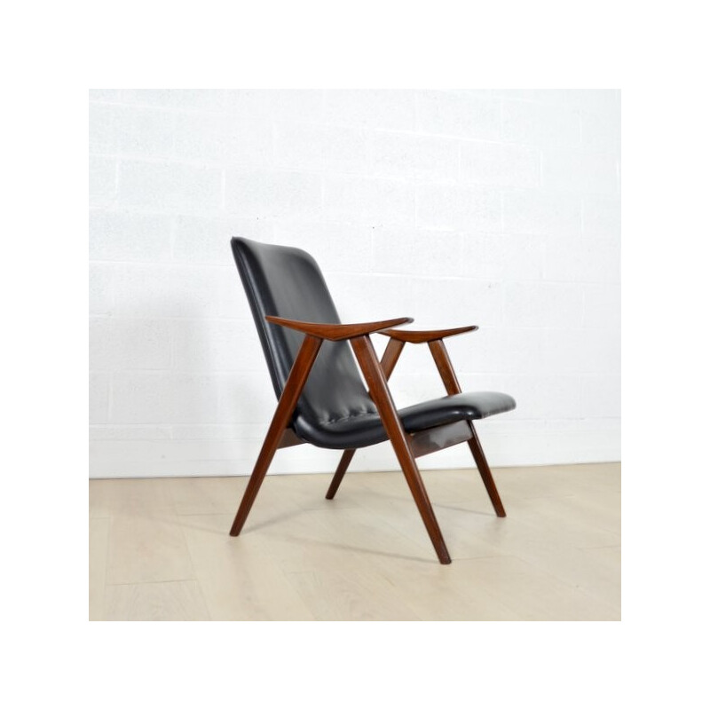 Teak armchair in black leatherette - 1960s