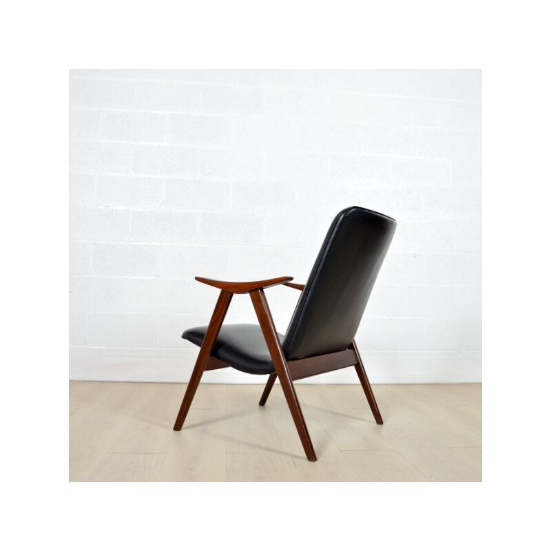 Teak armchair in black leatherette - 1960s