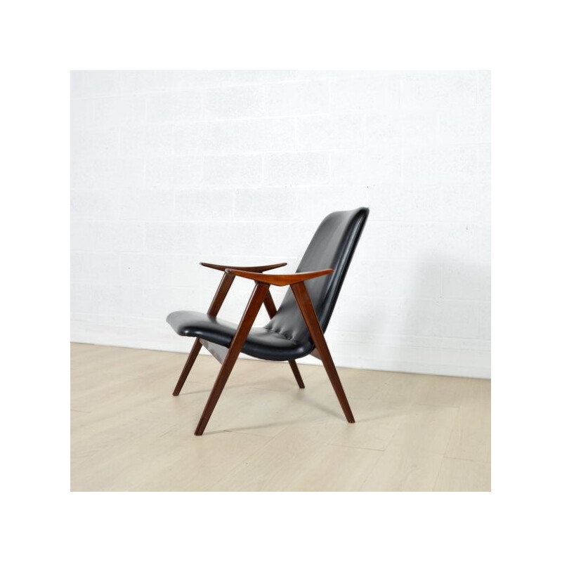 Teak armchair in black leatherette - 1960s