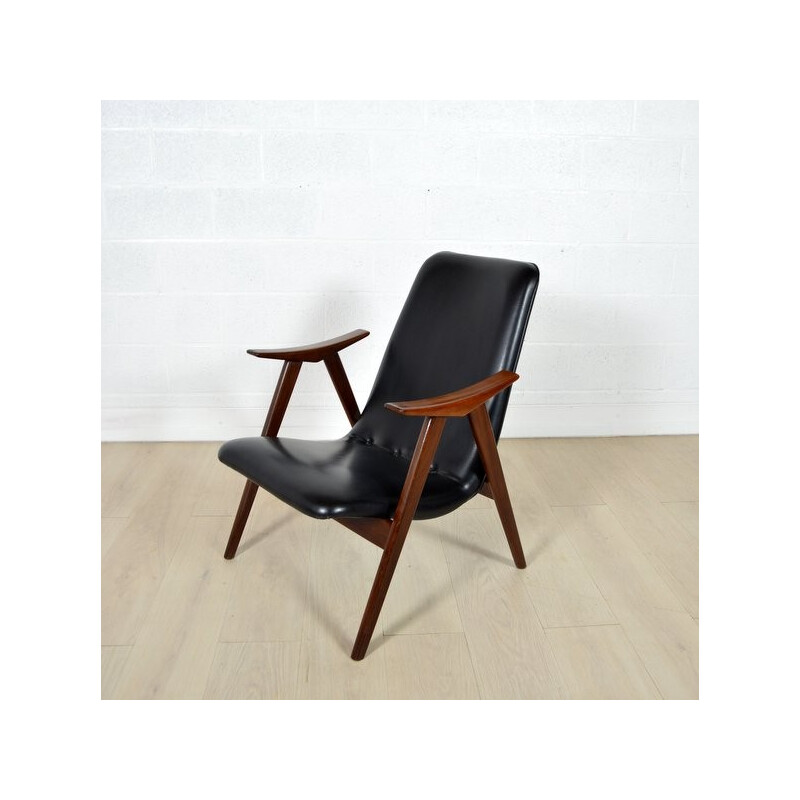 Teak armchair in black leatherette - 1960s