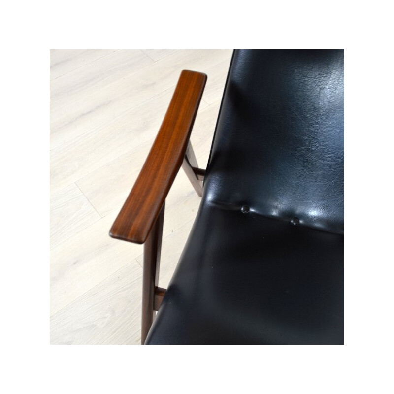 Teak armchair in black leatherette - 1960s