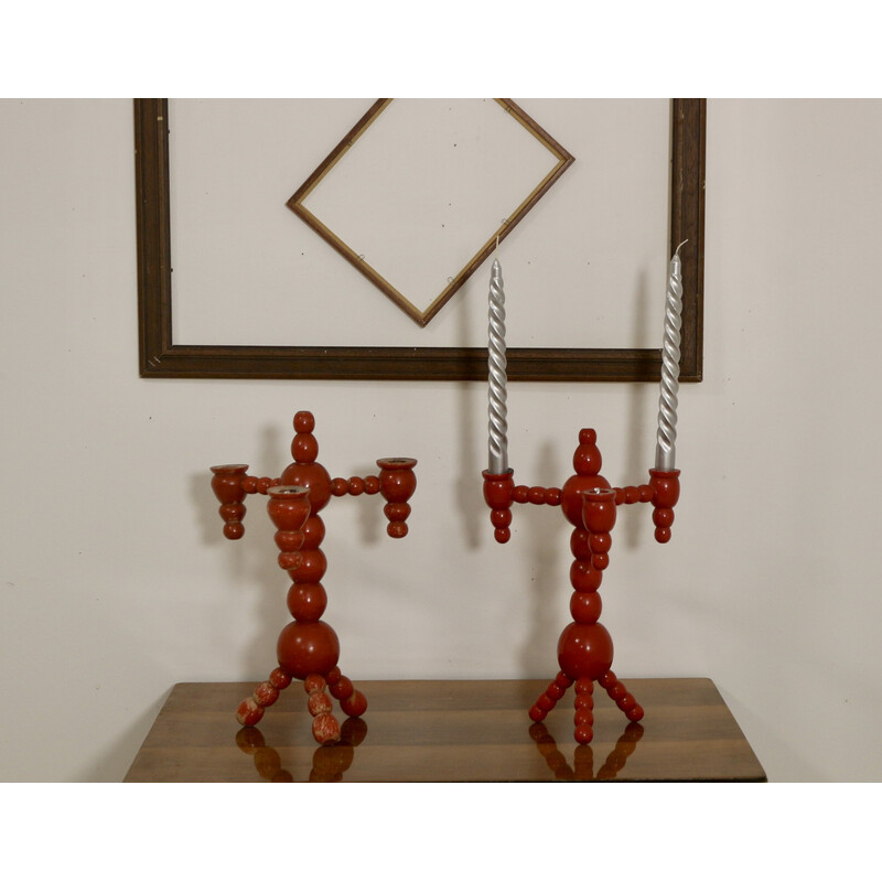 Pair of vintage candelabras in red wood, Sweden 1970