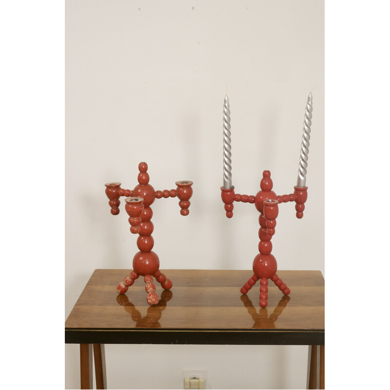 Pair of vintage candelabras in red wood, Sweden 1970