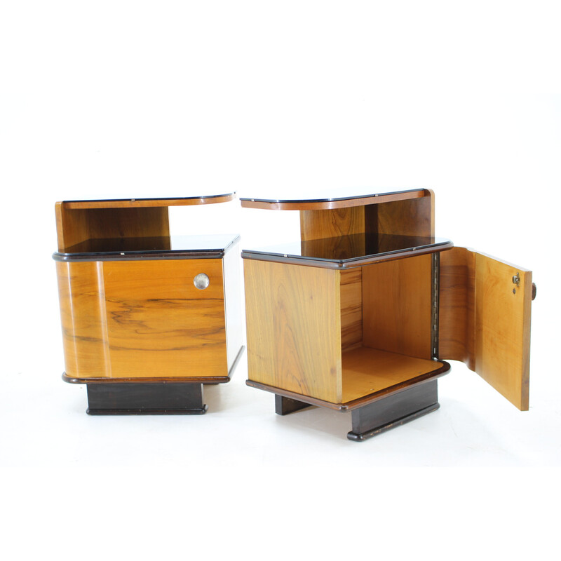 Pair of vintage bedside tables in walnut veneer, Czechoslovakia 1950