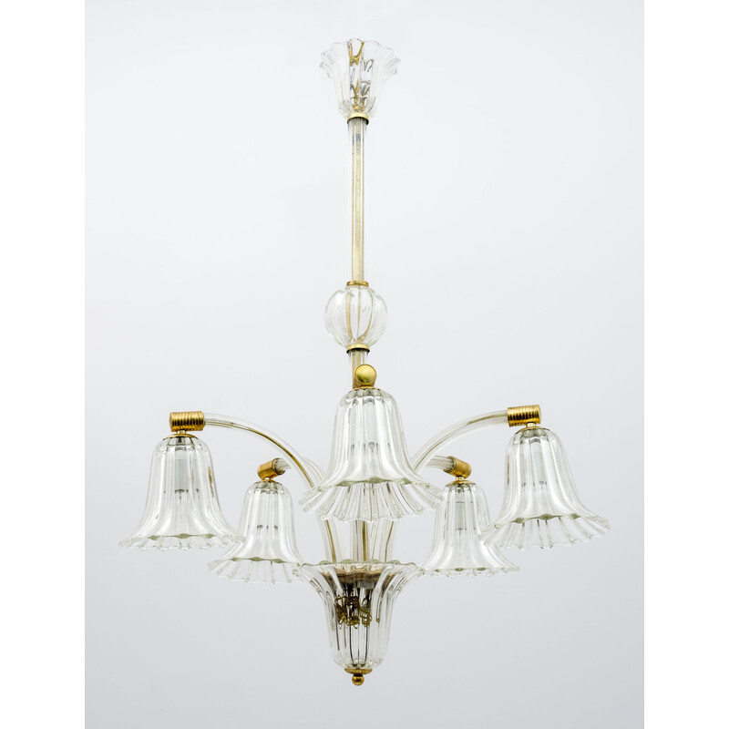 Vintage glass and brass chandelier by Ercole Barovier, Italy 1940