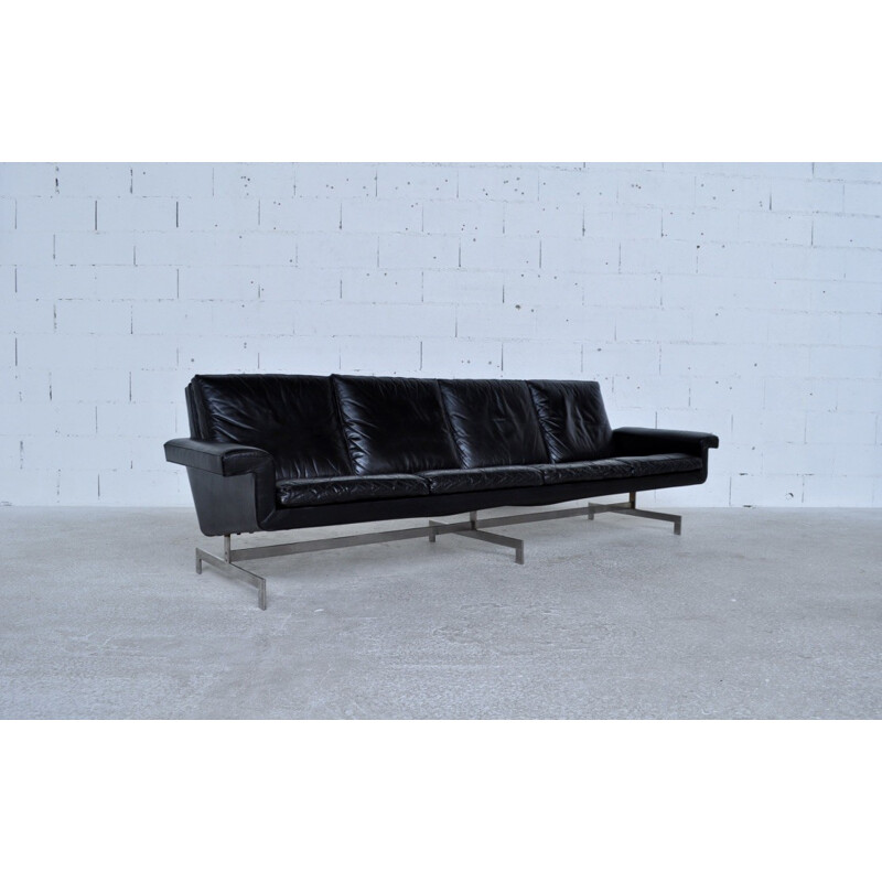 Mid-century 4 seater sofa in leather and steel - 1970s