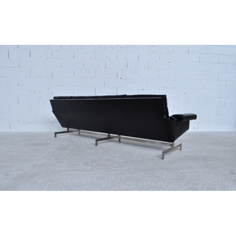 Mid-century 4 seater sofa in leather and steel - 1970s