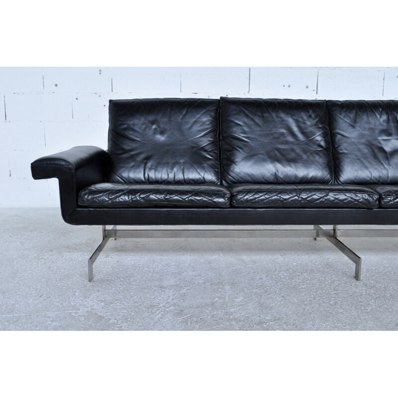 Mid-century 4 seater sofa in leather and steel - 1970s