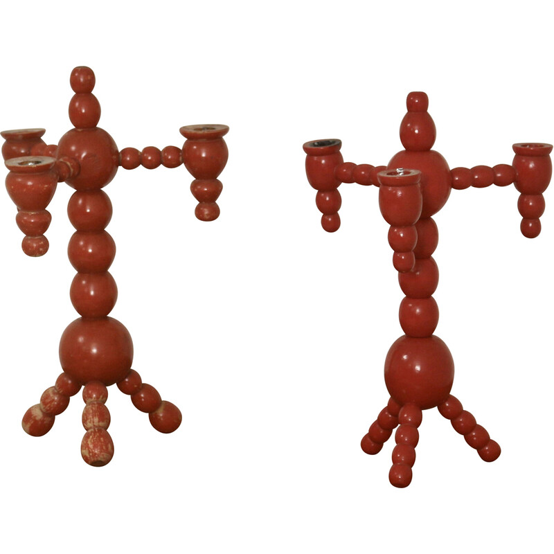 Pair of vintage candelabras in red wood, Sweden 1970