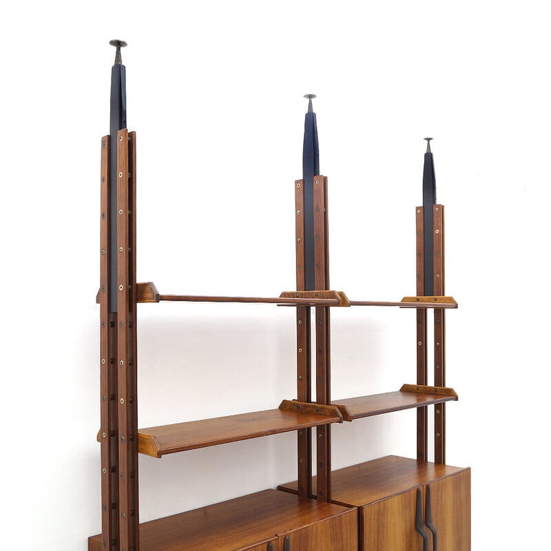 Vintage wall unit in wood and brass, Italy 1950