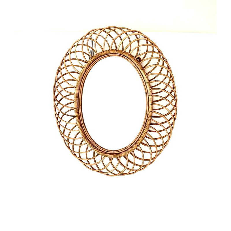 Vintage oval rattan wall mirror by Franco Albini for Bonacina, Italy 1960