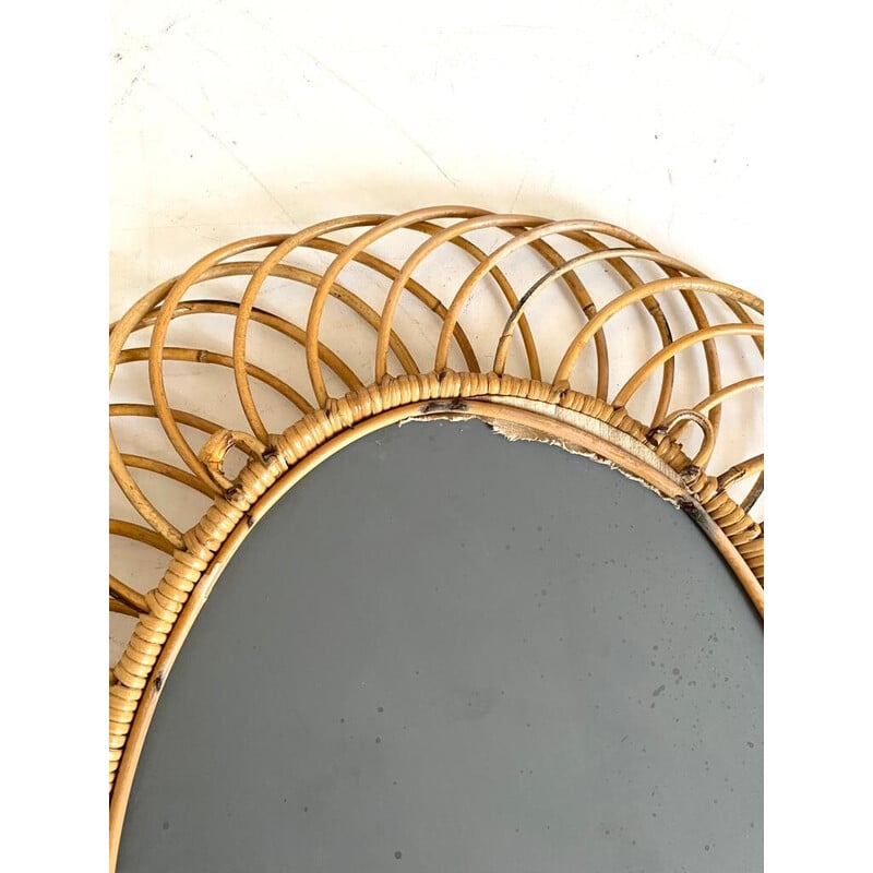 Vintage oval rattan wall mirror by Franco Albini for Bonacina, Italy 1960