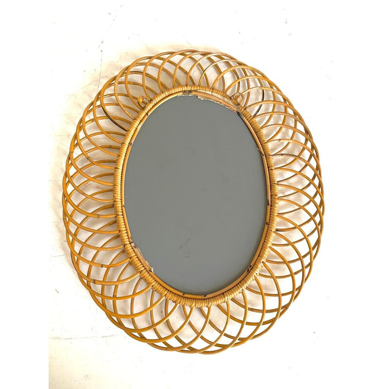 Vintage oval rattan wall mirror by Franco Albini for Bonacina, Italy 1960