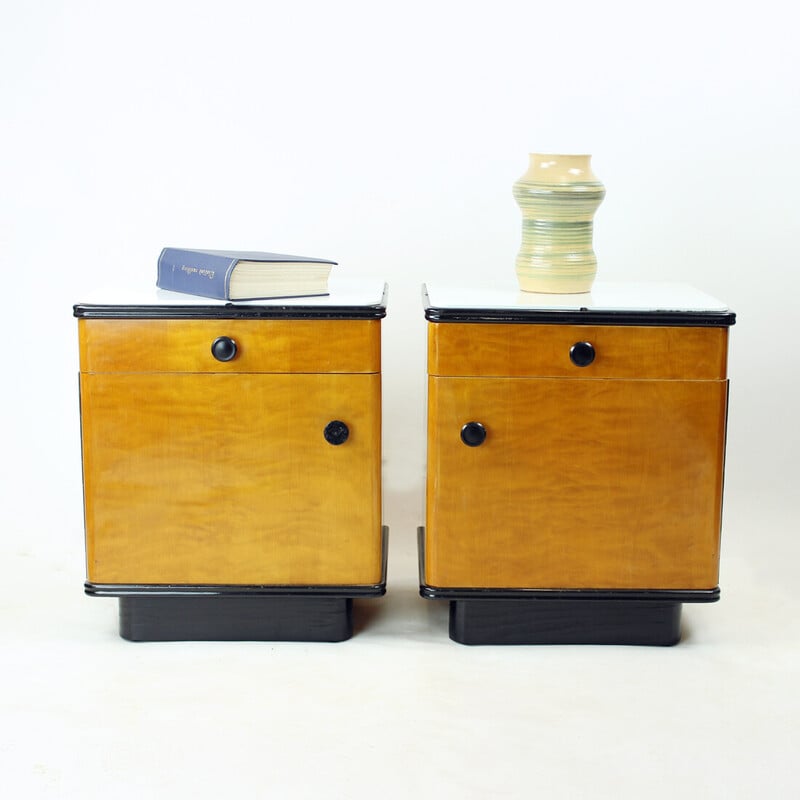 Mid Century Bedside Tables In Oak With Glass Top, Up Zavody 1960s