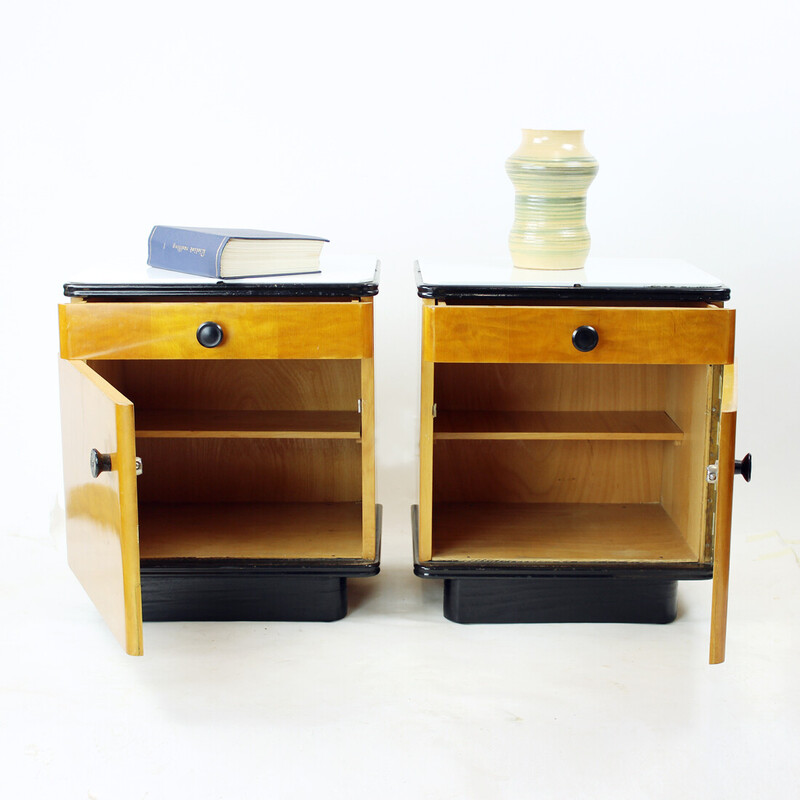 Mid Century Bedside Tables In Oak With Glass Top, Up Zavody 1960s