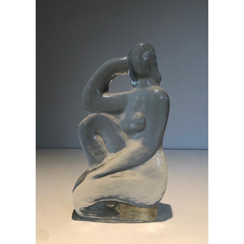 Sculpture vintage représentant une femme nue prenant la pose en verre, 1970