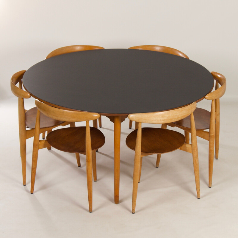 Ensemble à repas vintage Cœur en teckt et hêtre par Hans Wegner pour Fritz Hansen, 1950