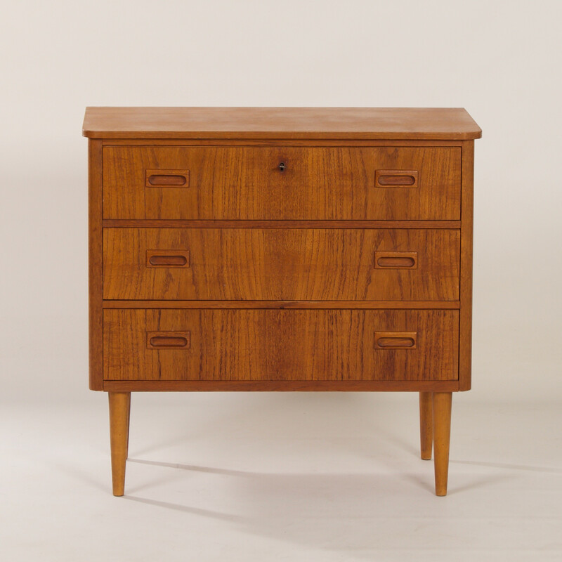 Vintage teak wood and teak veneer chest of drawers with three drawers, Denmark 1960