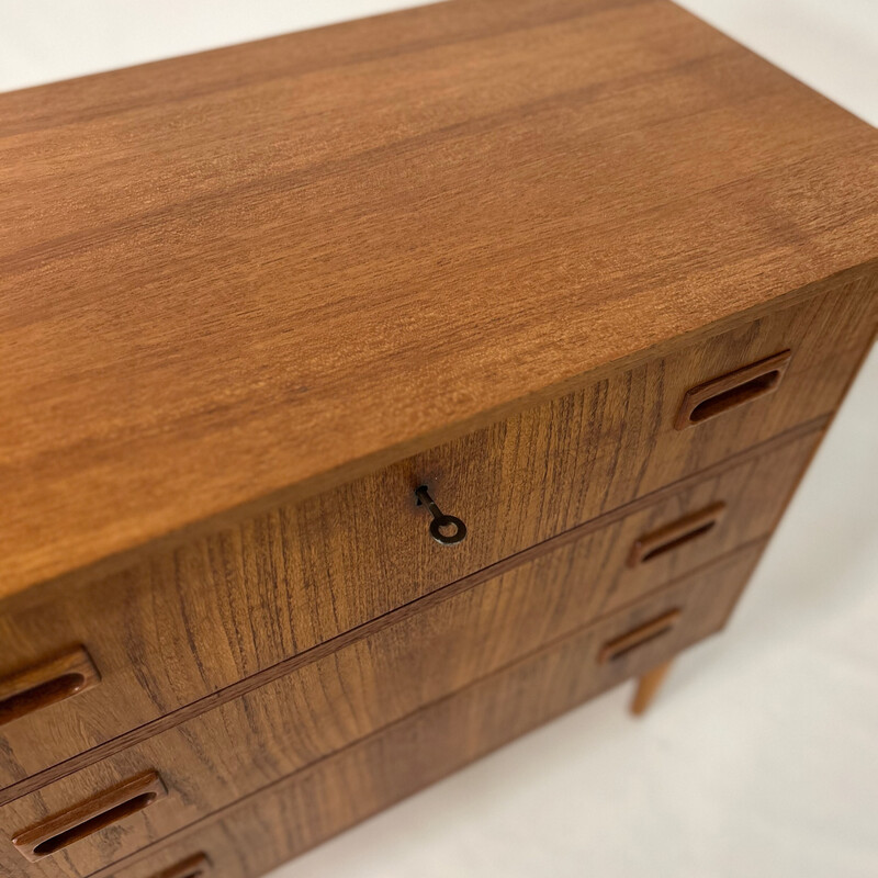 Vintage teak wood and teak veneer chest of drawers with three drawers, Denmark 1960