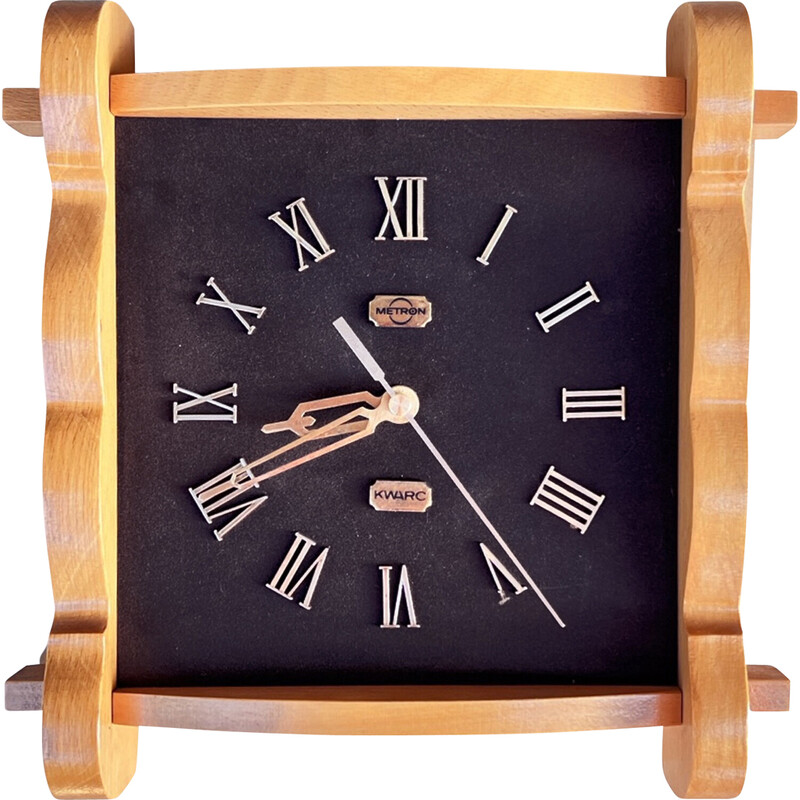 Vintage SK-29 wall clock with basswood frame for Metron, Poland 1980