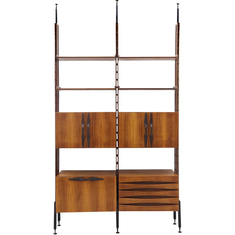 Vintage wall unit in wood and brass, Italy 1950