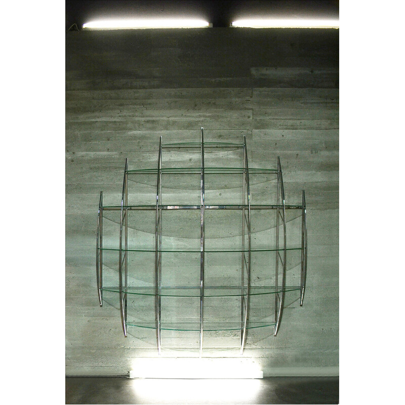 Estante de parede curva em aço e vidro vintage de Manfredo Massironi para a Nikol International, 1970