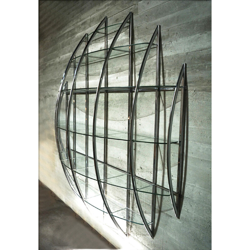 Estante de parede curva em aço e vidro vintage de Manfredo Massironi para a Nikol International, 1970