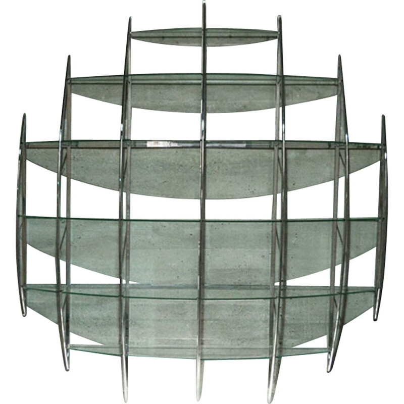 Vintage curved steel and glass wall bookcase by Manfredo Massironi for Nikol International, 1970