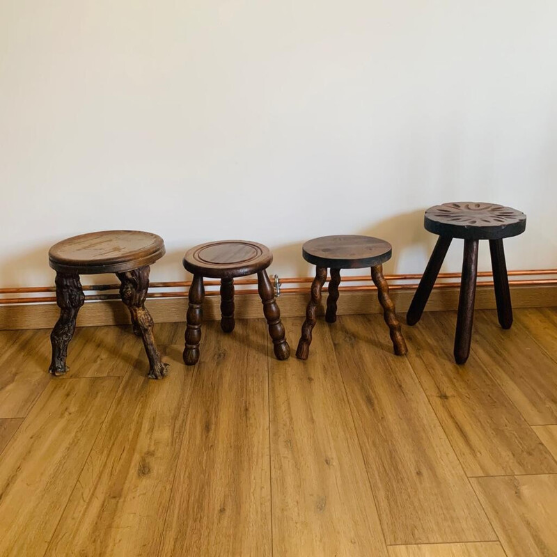 Set of 4 vintage wooden tripod stools