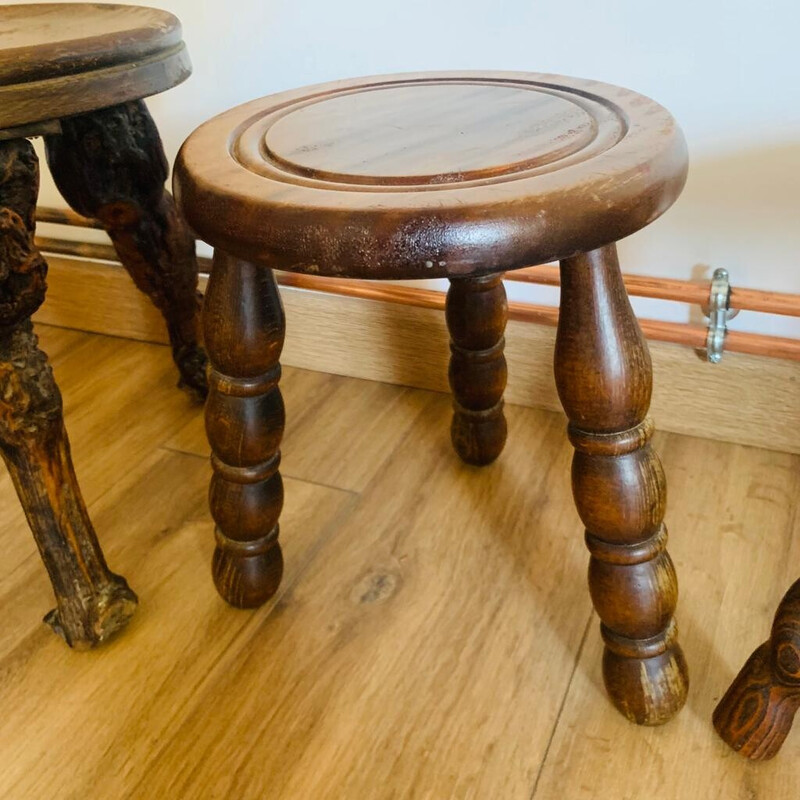 Set of 4 vintage wooden tripod stools