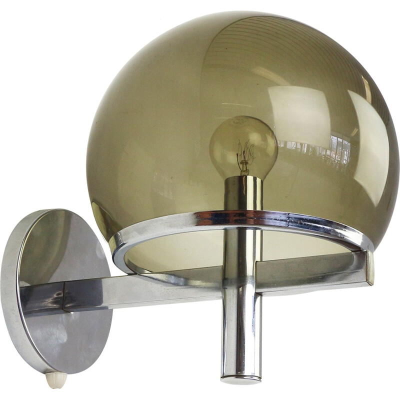 Smoked glass and chrome globe wall light, 1970s