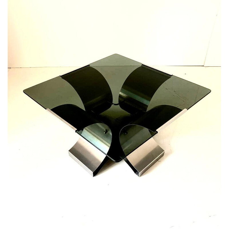 Vintage coffee table in smoked glass and aluminum by François Monnet, France 1970