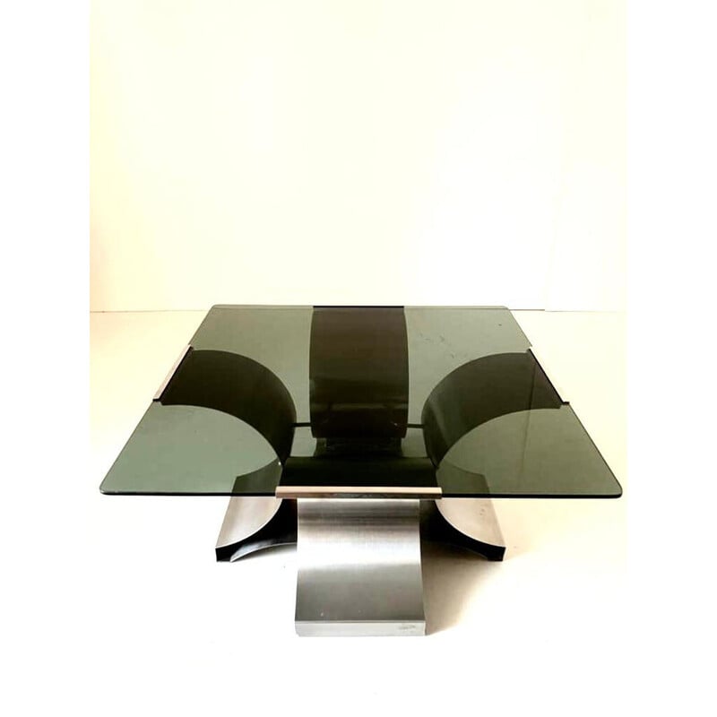 Table basse vintage en verre fumé et aluminium par François Monnet, France 1970