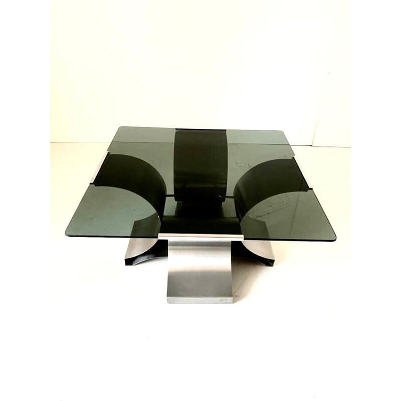 Vintage coffee table in smoked glass and aluminum by François Monnet, France 1970