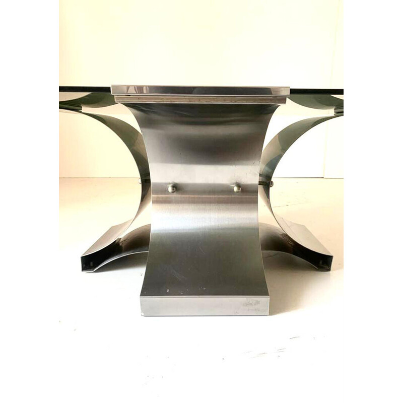 Table basse vintage en verre fumé et aluminium par François Monnet, France 1970