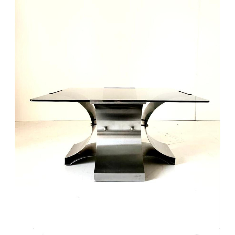 Vintage coffee table in smoked glass and aluminum by François Monnet, France 1970