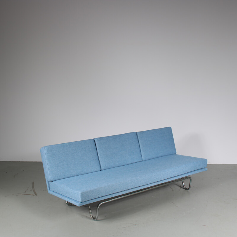 Canapé 3 places vintage en métal gris et tissu bleu clair, Pays-Bas 1950
