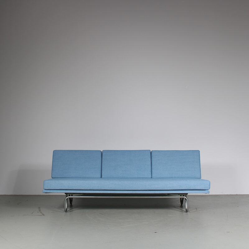 Vintage 3-seater sofa in gray metal and light blue fabric, Netherlands 1950