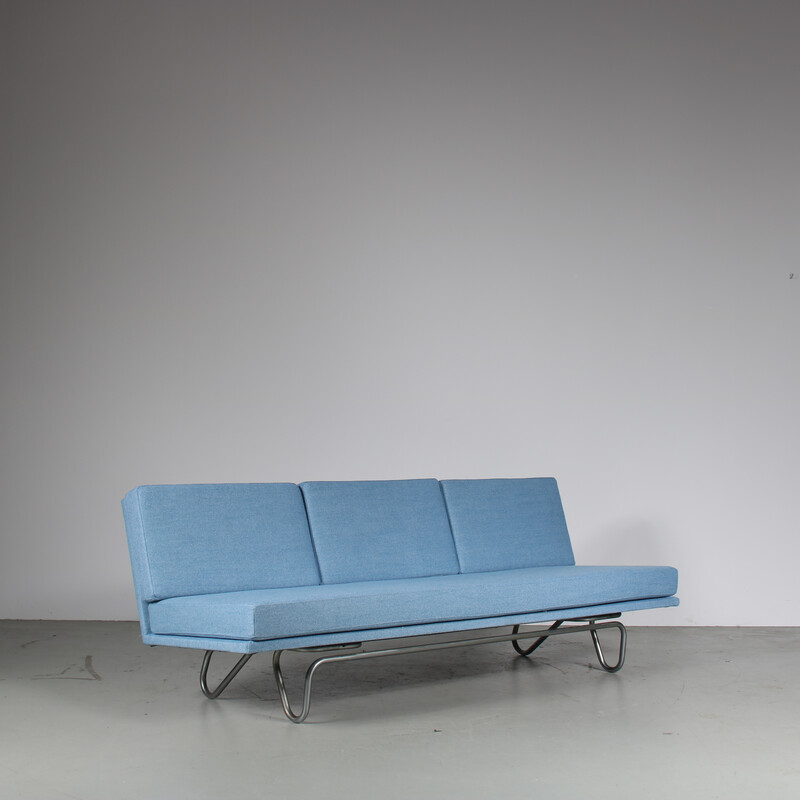 Canapé 3 places vintage en métal gris et tissu bleu clair, Pays-Bas 1950