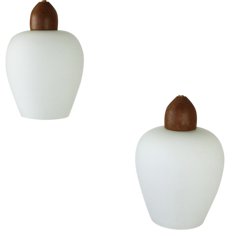 Pair of Scandinavian milk glass and teak pendants - 1960s