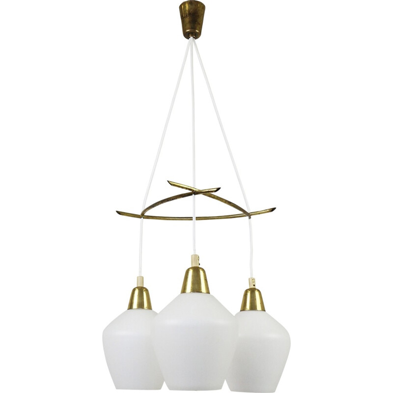 Scandinavian chandelier with milk glass shades and messing details - 1960s
