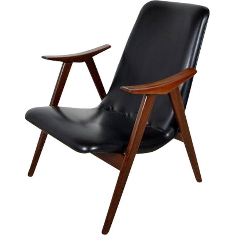 Teak armchair in black leatherette - 1960s