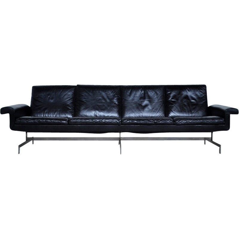 Mid-century 4 seater sofa in leather and steel - 1970s