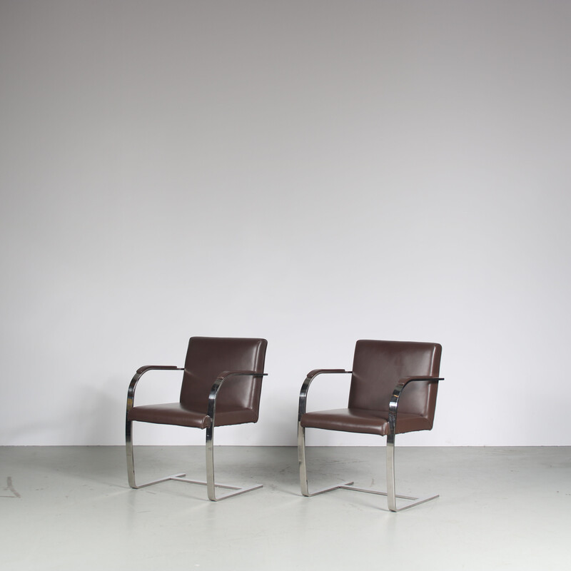 Pair of vintage “Brno” armchairs in chromed flat metal by Mies Van Der Rohe, Italy 1970